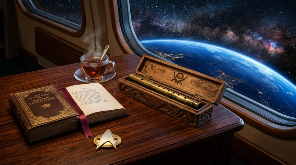Flauta ressikaniana de The Inner Light, obras de William Shakespeare, té Earl Grey e insignia de comunicador del Capitán Picard / Picard humanist legacy still life