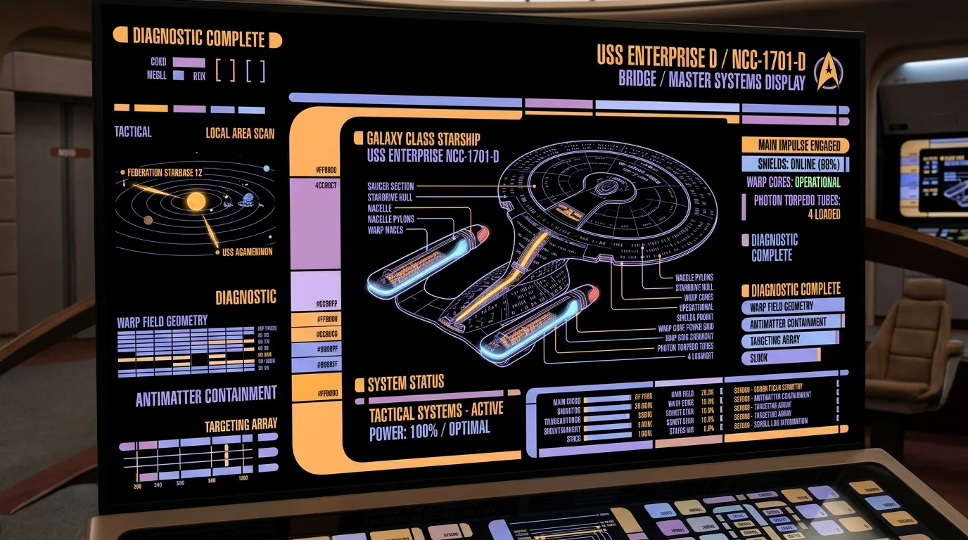 Panel de control interactivo LCARS del USS Enterprise NCC-1701-D en Star Trek: The Next Generation / USS Enterprise-D LCARS Master Systems Display