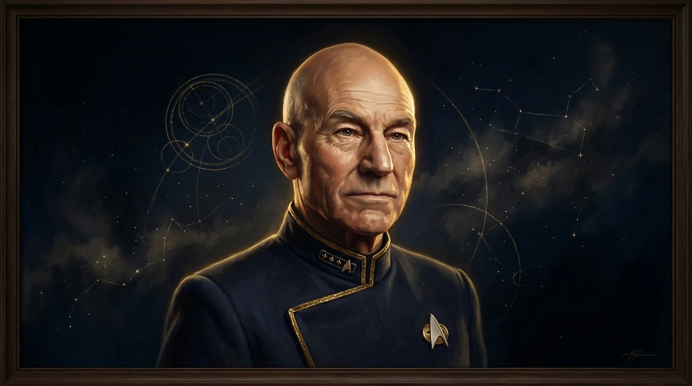 Retrato de Sir Patrick Stewart como el Capitán Jean-Luc Picard — Memorial en Bitácora del Capitán